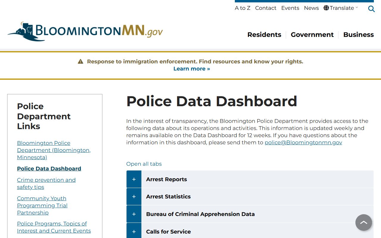 Bloomington police data dashboard arrest records booking reports