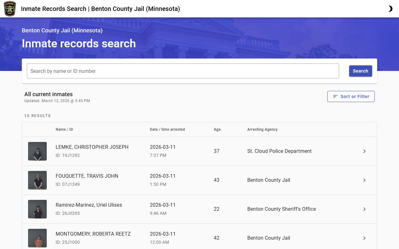 Benton County current inmate list search portal