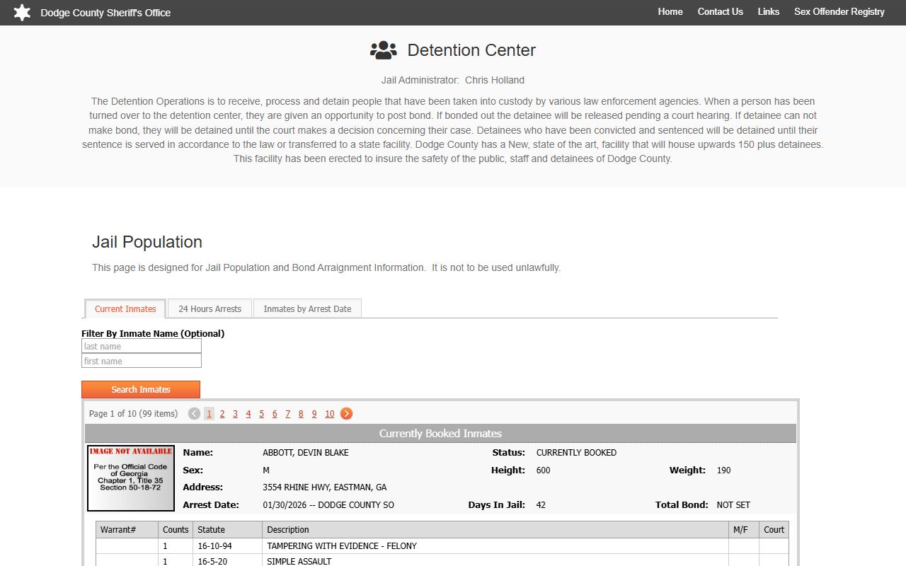 Dodge County jail population booking reports page