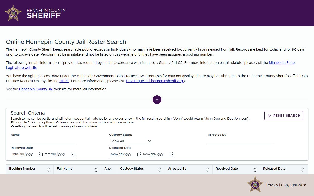 Hennepin County jail roster booking reports search portal
