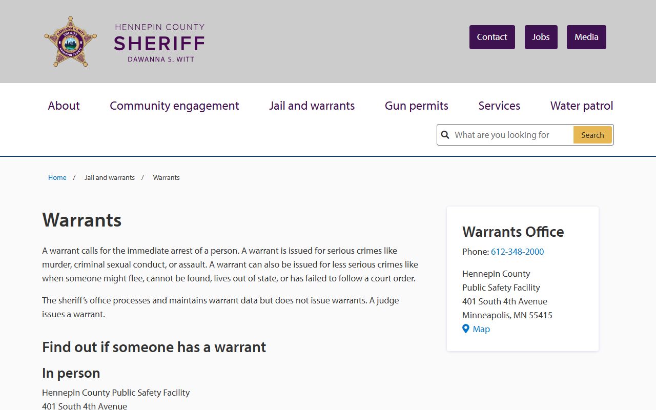 Hennepin County warrants search page for booking reports