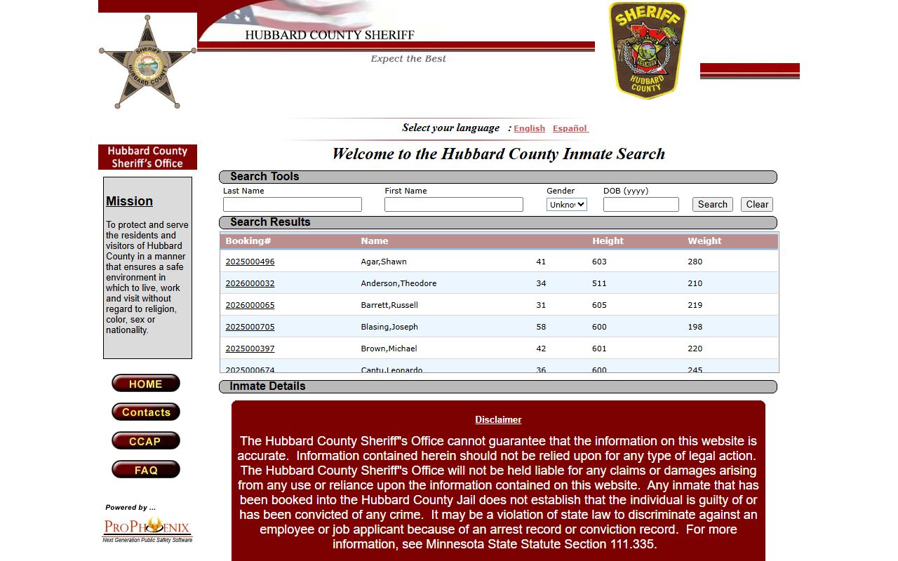 Hubbard County ProPhoenix inmate locator for booking reports