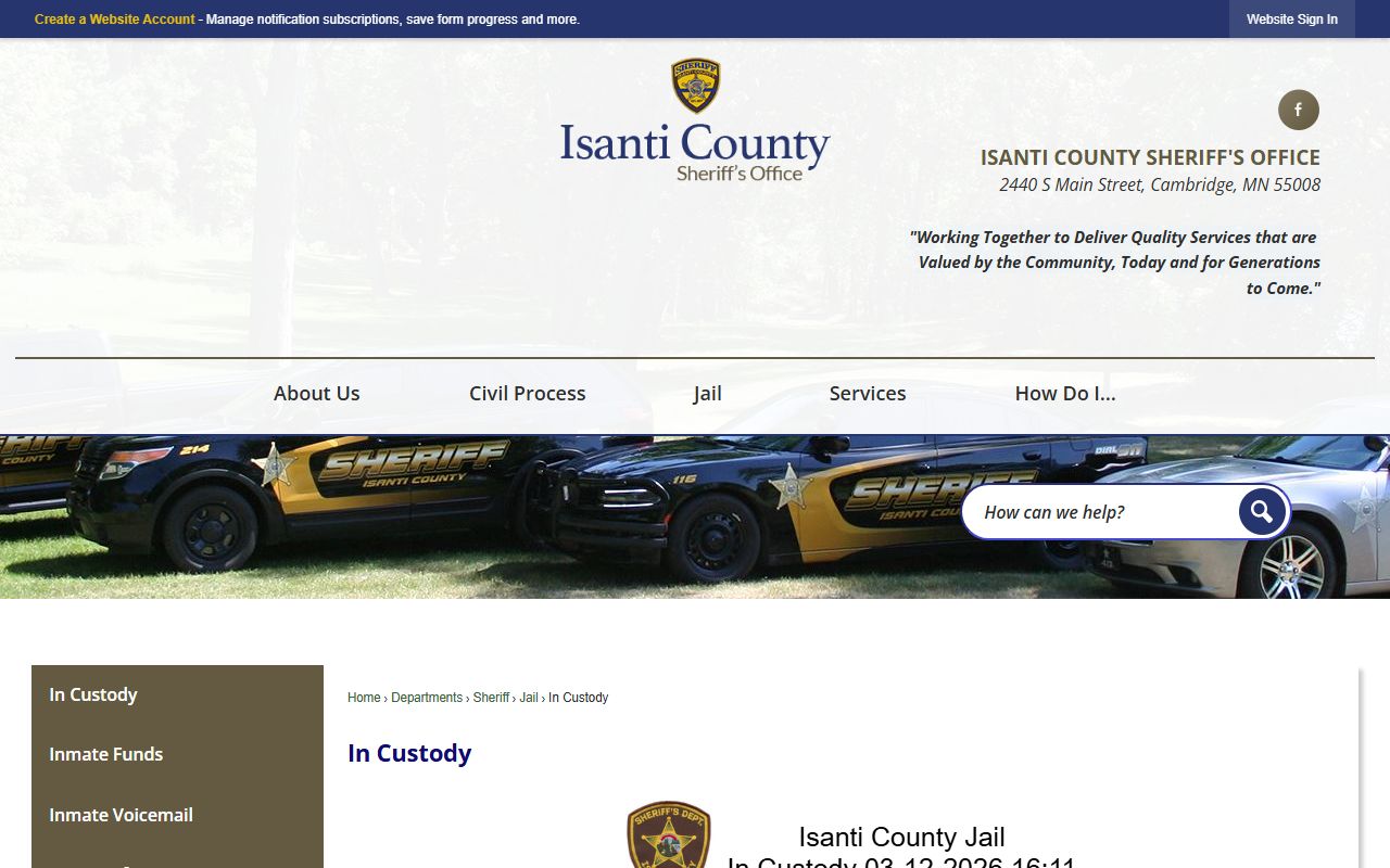 Isanti County in custody list for booking reports