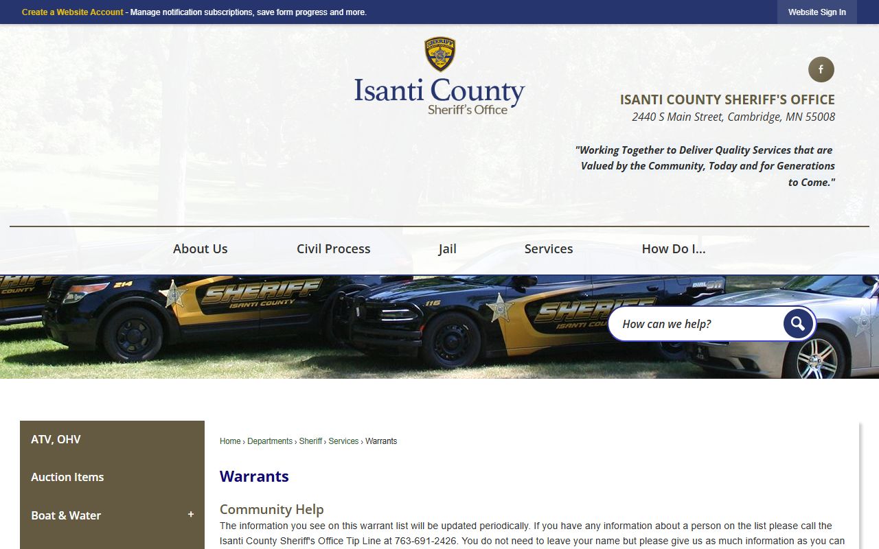 Isanti County warrants page for booking reports