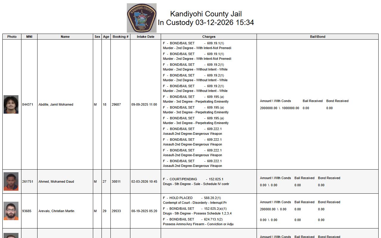 Kandiyohi County custody list for booking reports