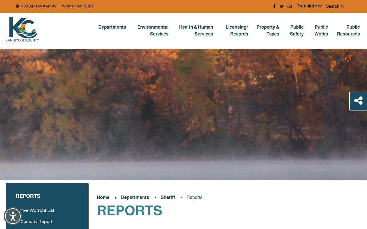 Kandiyohi County Sheriff reports page for booking and arrest records