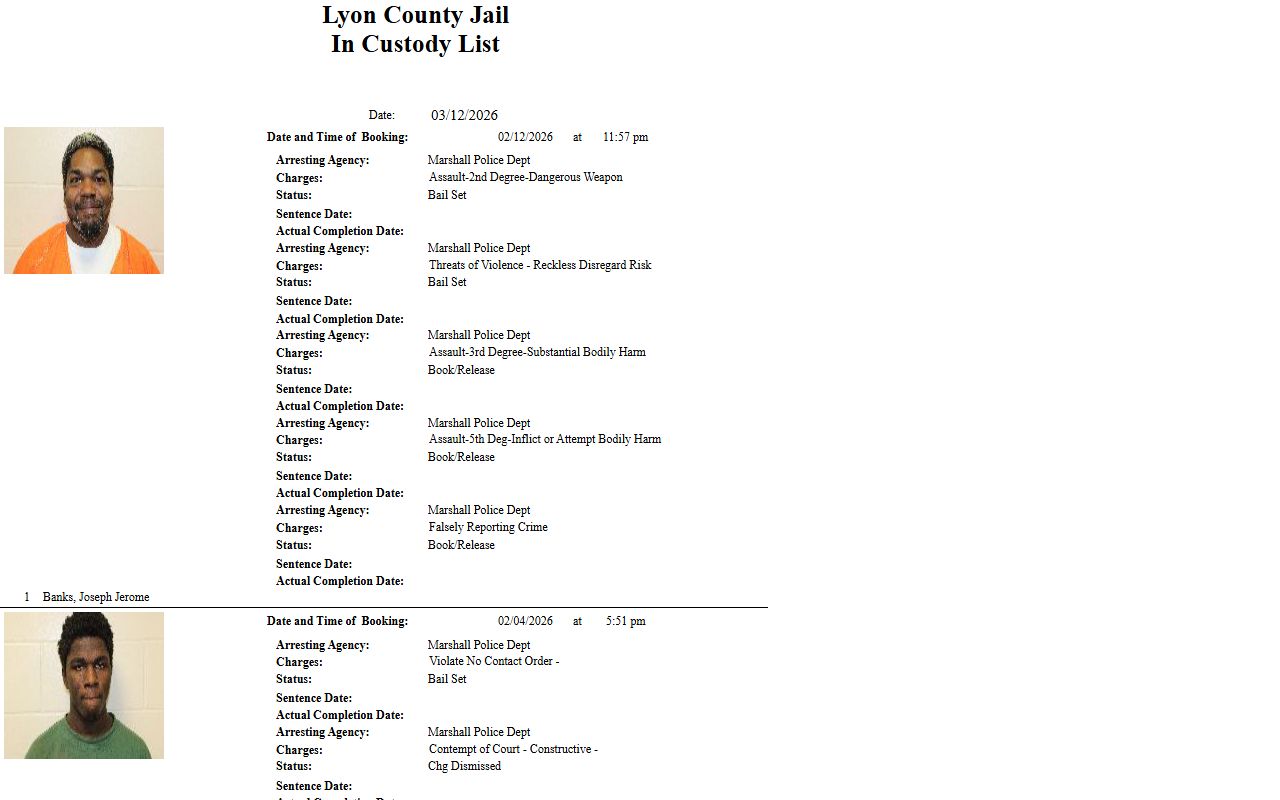 Lyon County custody list for booking reports