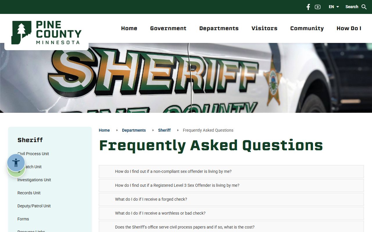 Pine County Sheriff FAQ page for jail and booking report questions