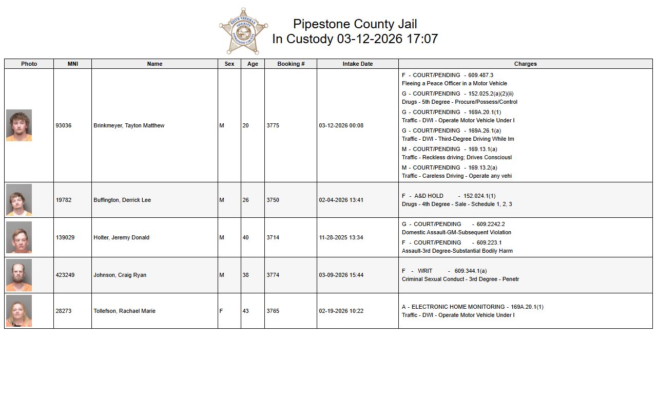Pipestone County custody list for booking reports