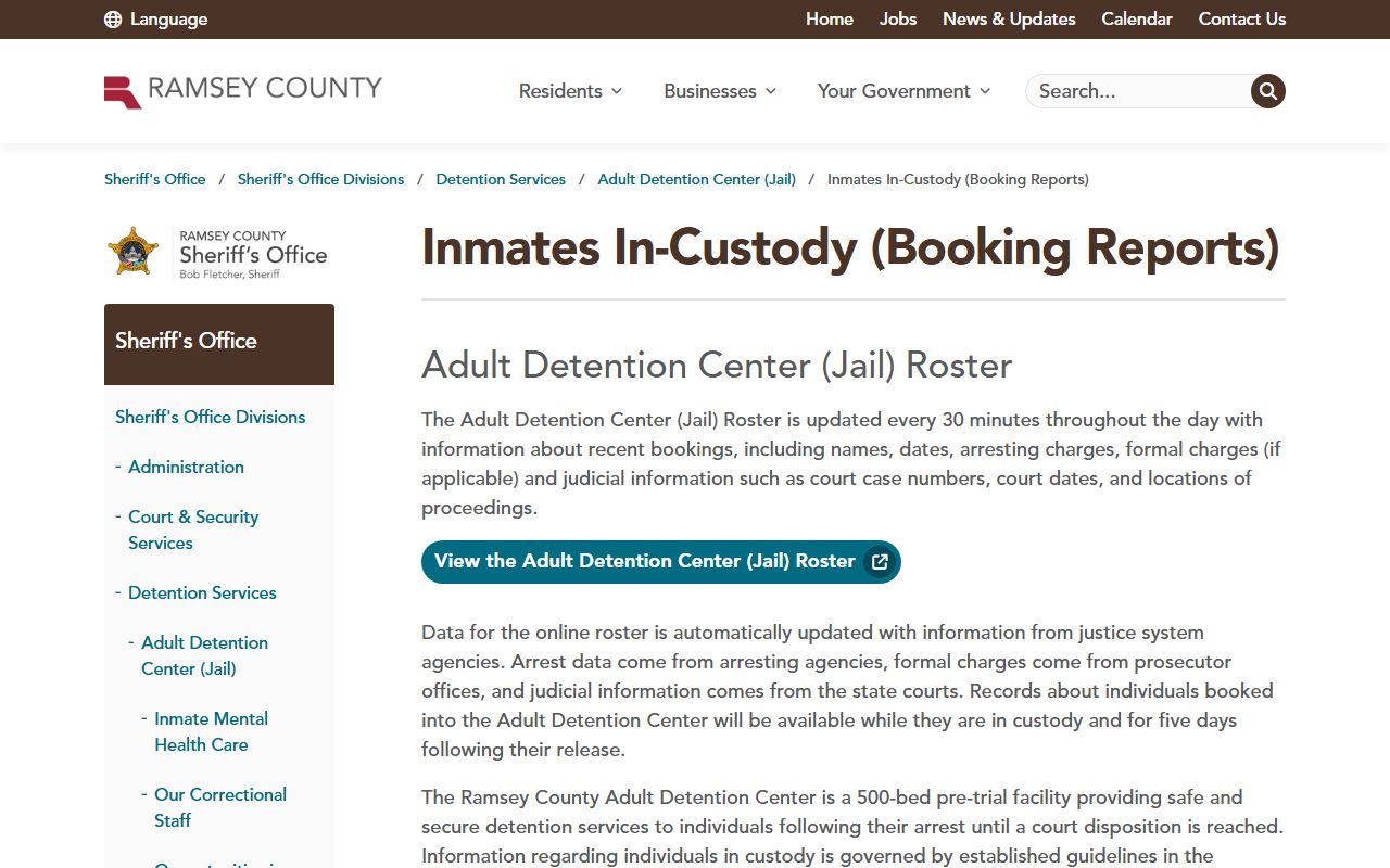 Ramsey County ADC booking reports roster page