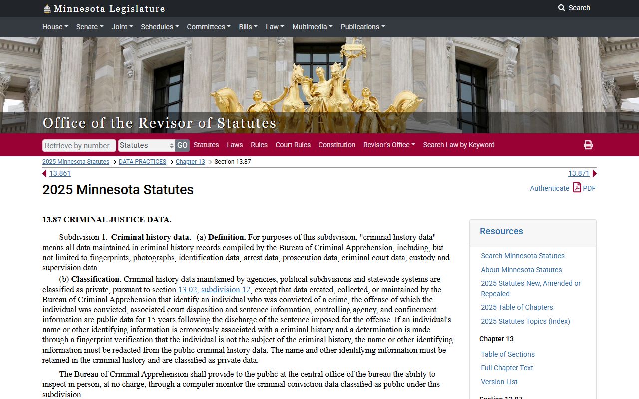 Minnesota criminal justice data statute booking reports